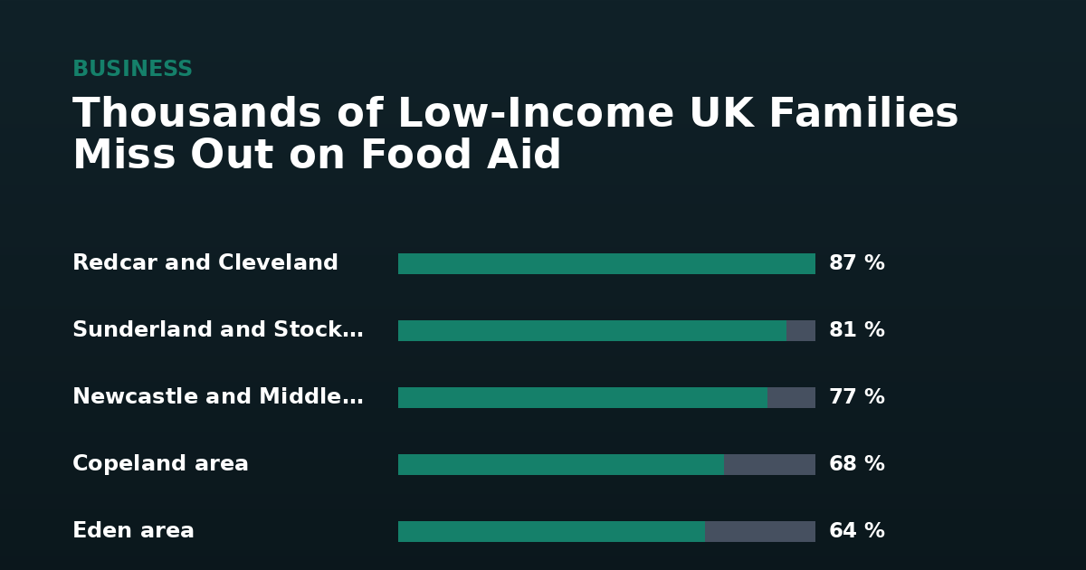 Thousands of Low-Income UK Families Miss Out on Food Aid — Redcar and Cleveland 87 %, Sunderland and Stockton 81 %, Newcastle and Middlesbrough 77 %, Copeland area 68 %
